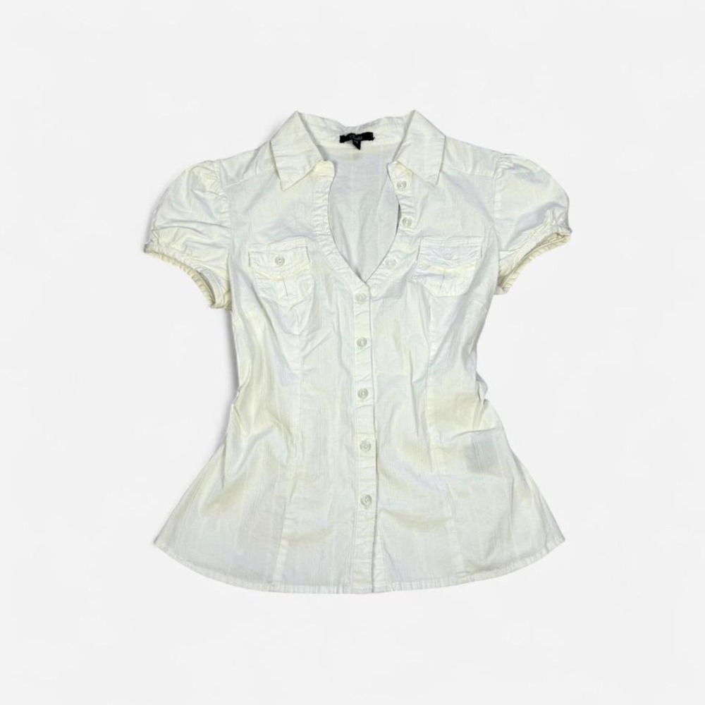 Vintage y2k white short sleeve fitted button up blouse top